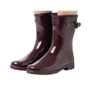 Hunter Refined Gloss Buckle Short Boots Womens 9 Rain Boots Rubber Cherry Brandy
